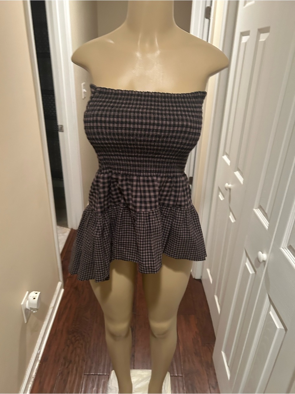 Smocked Strapless Gingham Peplum Mini top- Black & Brown
